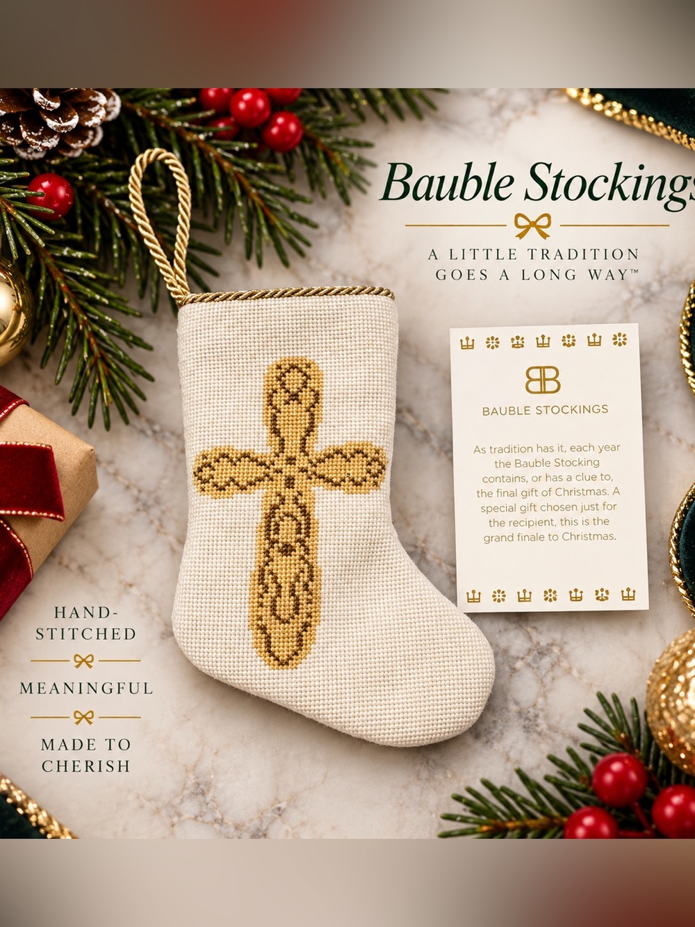 NWT Bauble Stockings Prince of Peace Cross Needlepoint Christmas Stocking